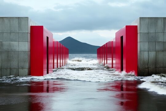 Modern architectural ocean view with bold red structures against a stormy sea, representing resilience and modern design challenges