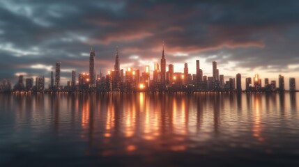 Obraz premium Majestic city skyline at sunset with reflective water and dramatic clouds
