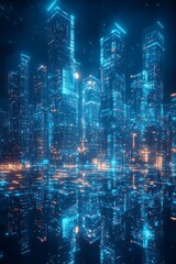 Futuristic neon cityscape with reflective buildings in a cyberpunk theme at night