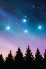 Starry night sky with twinkling stars above silhouetted pine trees in a tranquil twilight setting, perfect for Christmas card themes