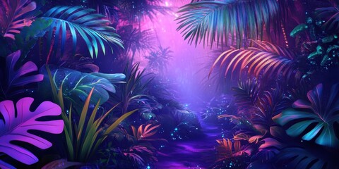 Lush tropical jungle, neon purple and blue lighting, bioluminescent leaves, mystical forest atmosphere, fantasy landscape, vibrant colors, dense foliage, exotic plants, dramatic shadows, nighttime sce