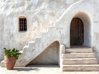 Minimalist composition a traditional adobe building with a staircase and arched doorway, capturing