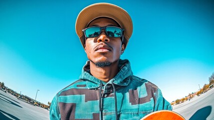 Obraz premium A stylish African American man in eyewear holds a skateboard on a bright day, symbolizing urban lifestyle and leisure, captured with a vibrant palette