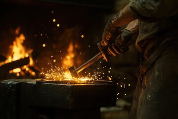 A blacksmith working in a glowing forge, striking heated metal on an anvil with flying sparks. AI generated image