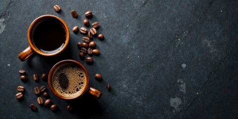 Two Cups of Dark Roasted Coffee with Roasted Coffee Beans on Dark Surface