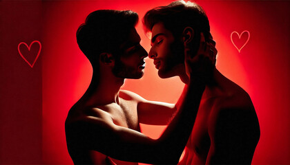 A passionate and romantic scene depicting a gay couple in silhouette sharing an intimate moment on a bright red background. Valentine's Day Background. Generative AI.