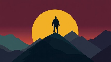 Silhouette of a person standing on a mountain peak against a sunset, symbolizing achievement and adventure, in a minimalist dark palette
