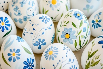 Fototapeta premium Beautifully painted Easter eggs with intricate floral designs on a natural background showcasing watercolor artistry and craftsmanship