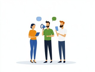 Fototapeta premium Brainstorming session among three diverse professionals, sharing ideas with speech bubbles in minimalistic office setting, emphasizing creativity, communication, collaboration and innovative teamwork