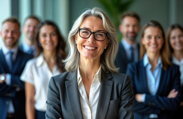 Group of smiling business people stand in office. Confident mature business woman stands in front of team. Wearing professional attire, appear happy, successful. Corporate group photo in modern