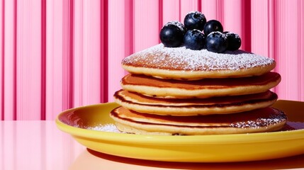 Stack of fluffy pancakes topped with blueberries and powdered sugar on yellow plate, perfect for breakfast-themed content, with vibrant pink background