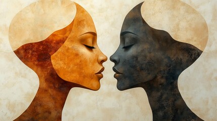 Abstract dual faces in profile with earthy tones and textured background