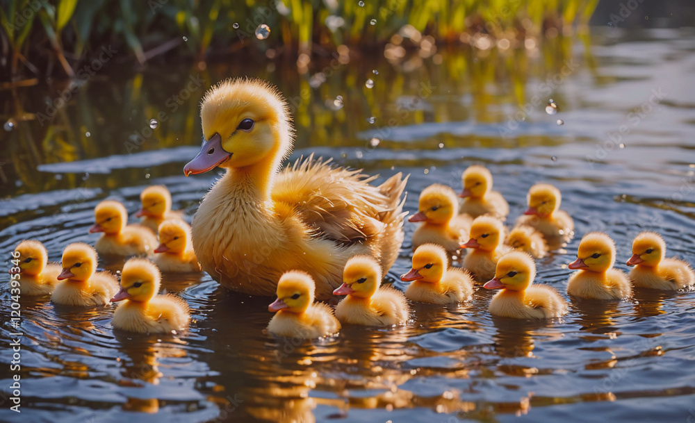 Poster group of ducklings are swimming in a pond with a mother duck. the scene is peaceful and serene, with