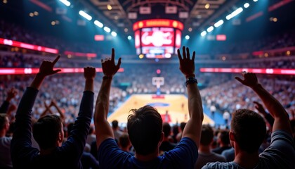 Excited fans raise hands in packed arena. Thrilling basketball game. Crowd cheers. Spectator enjoyment. Event energy palpable. Supporters enthusiastically watch match. Sport event. Leisure activity.
