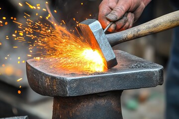 A blacksmith working in a glowing forge, striking heated metal on an anvil with flying sparks. AI generated image