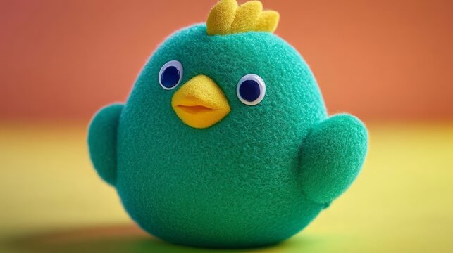A cute, plush green bird toy with yellow accents on an orange background, ideal for Easter themed playful decor