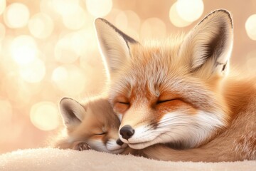 Obraz premium Red fox gently nuzzling cubs in warm forest light with soft bokeh background enhancing the natural intimacy