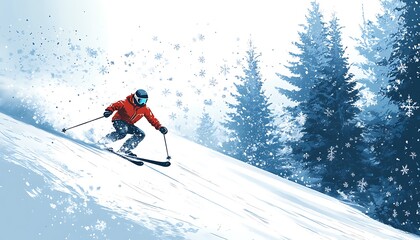 Skier carving turns down a snowy slope in a winter wonderland, surrounded by snow-covered pine trees.
