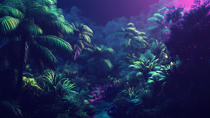 Fototapeta premium Jungle landscape glowing neon at night, made with generative ai. Neon Jungle. Illustration