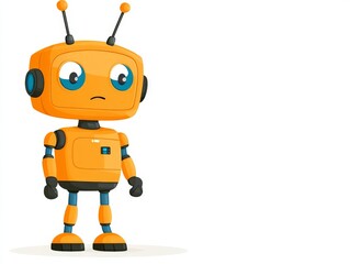 Orange robot with large expressive eyes, small antennae, and a square torso standing with a curious posture on a plain white background, showcasing a playful take on futuristic AI