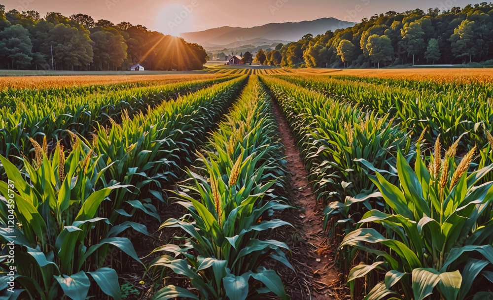 Poster field of corn is shown with the sun shining on it. the sun is in the background and the corn is in t