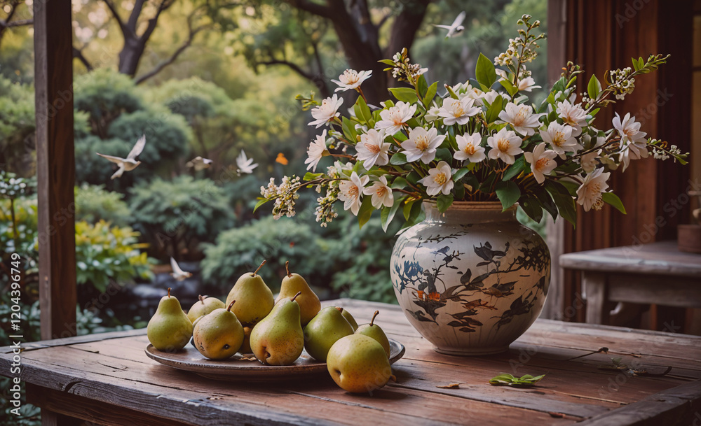 Poster vase of flowers sits on a wooden table next to a plate of pears. the pears are arranged in a neat ro