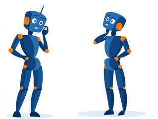 Pair of blue humanoid robots in a conversational pose with expressive gestures and antennae, symbolizing AI interaction, teamwork, and communication on a minimalist white background