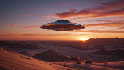 Obraz premium UFO hovering above a desert landscape during a colorful sunset