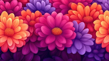 Obraz premium Vibrant floral background featuring a mix of orange, pink, and purple flowers in full bloom