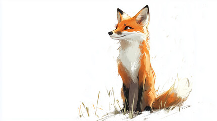 Obraz premium A fluffy orange fox sits tall in the grass looking happy and smart.