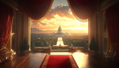 Spacious room with a red carpet and grand dome in the distance
