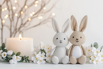 Obraz premium Easter celebration with fabric bunnies and spring flowers creating a serene atmosphere with candles and soft minimalism