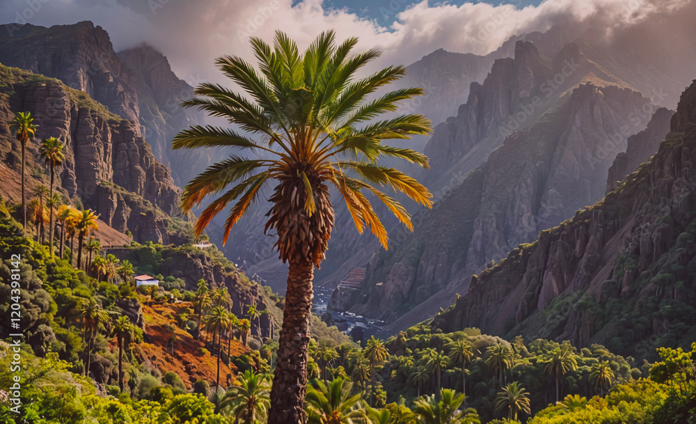 Fototapete Palm tree stands in the middle of a lush green valley. The mountains in the background create a sense of depth and tranquility