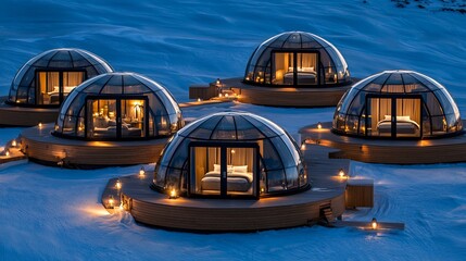 Obraz premium Luxury Glass Igloo Village in Snowy Mountain Resort