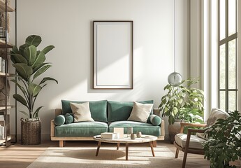  living room with white wall, empty picture frame, soft green sofa, and modern pendant light. Simple interior design with neutral colors.