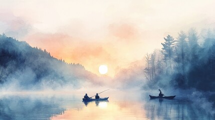A serene lakeside scene with people kayaking and fishing at sunrise, watercolor painting style