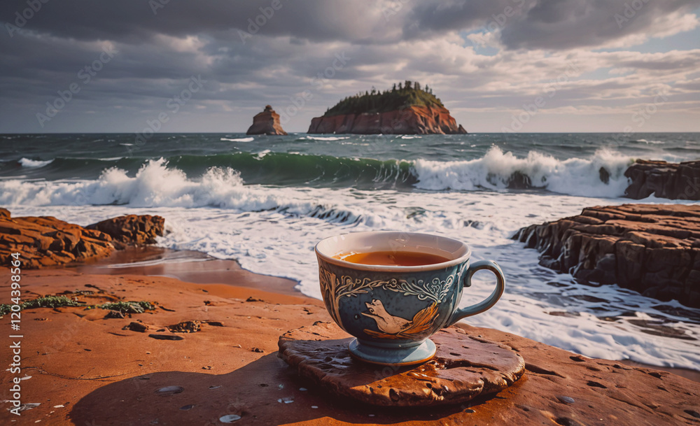 Aufkleber cup of tea is sitting on a rock on a beach. the ocean is in the background and the waves are crashin