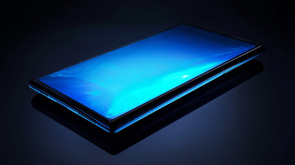 Sleek modern smartphone with ultra-thin bezel-less design, glowing faintly in soft blue on a reflective black surface, evoking sophistication, minimalism, and cutting-edge technology.