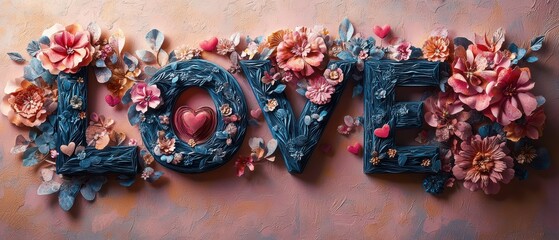 Fototapeta premium Beautiful Floral Love Sign with Textured Background and Decorations
