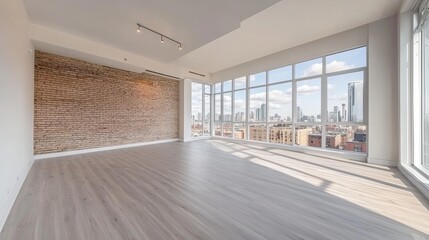 Fototapeta premium Empty room with white wooden floor, light brown brick walls, and large windows showcasing a cityscape view.