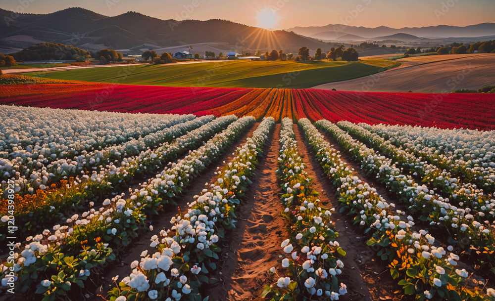 Poster field of flowers with a sun in the background. the sun is setting and the sky is a mix of colors