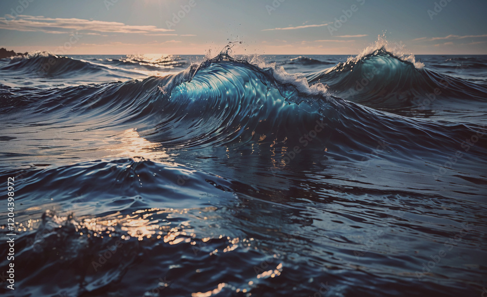 Aufkleber the ocean is calm and the waves are small. the water is a deep blue color. the sun is setting in the