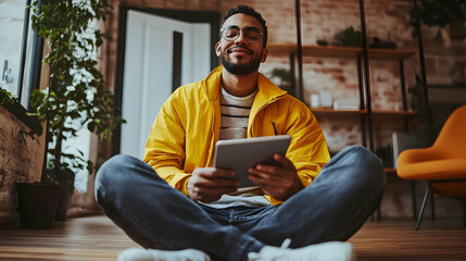 Man in a yellow jacket sitting on the floor with a tablet in hand for a relaxed vibe