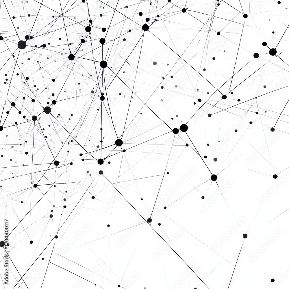 Poster Network of black dots and lines creating a complex abstract pattern on a white background, symbolizing data connection and flow. Generative AI