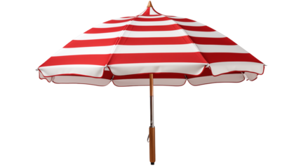 High-quality PNG of red and white beach umbrella, perfect for vacation posters and digital designs, studio view, isolated on transparent background.