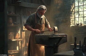 A blacksmith working with tools and fire in a traditional forge. AI generated image