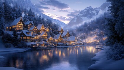 Fototapeta premium Idyllic snow-covered village nestled beside a serene lake at twilight, mountains in the background.