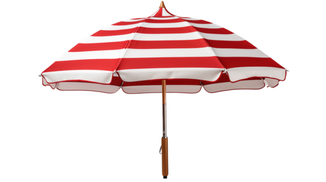 High-quality PNG of red and white beach umbrella, perfect for vacation posters and digital designs, studio view, isolated on transparent background. - Powered by Adobe