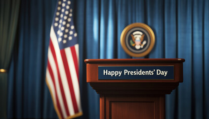 Presidents Day celebration at podium with American flag in background
