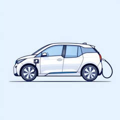 Fototapeta premium Clean vector graphic of a modern electric compact car in white color connected to a charging station, showcasing sustainable transportation, smart mobility, and renewable energy advancements